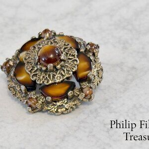 BR-01-Vintage Tiger’s Eye Style Floral Brooch – Cabochon Cluster Pin
